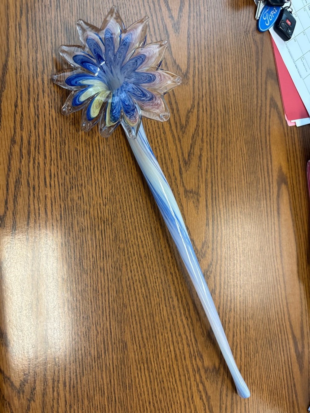 Handblown Blue Glass Flower Long Stem 21” long